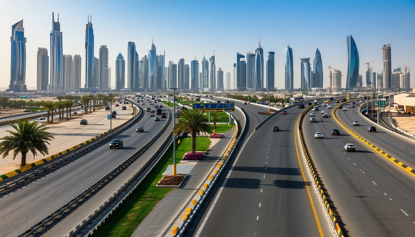 Dubai skyline with major highways and road tolls