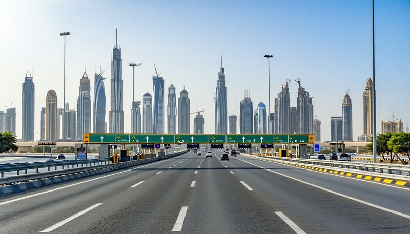Dubai skyline with main highway and electronic toll gate
